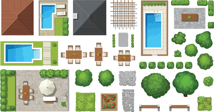 Top view landscape architecture vector kit featuring swimming pools garden furniture trees bushes stone paths and house roof plan elements