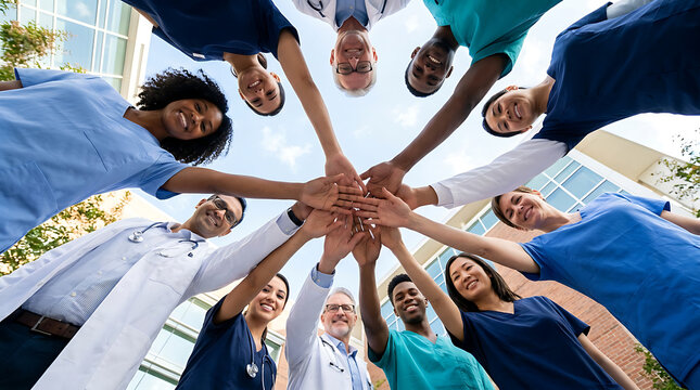 diverse group of healthcare professionals and medical team stacking hands in a circle outdoors for unity cooperation success and support in front of a modern hospital building