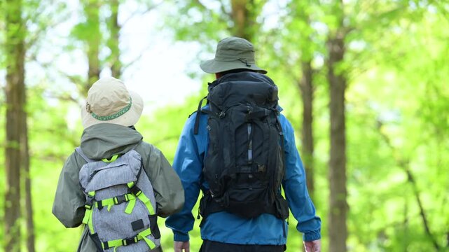 新緑の春の森の中を歩く夫婦のアウトドア、登山やトレッキングなどの運動イメージ上半身の笑顔の動画　顔無しの後ろ姿