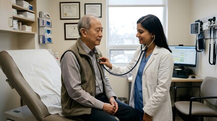 Fototapeta premium Smiling Female Doctor Using Stethoscope on Elderly Patient in Clinic