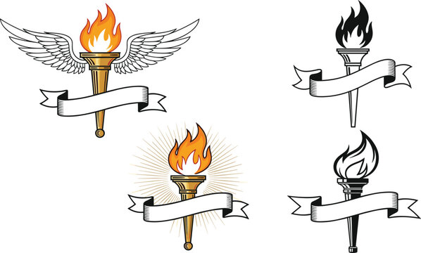Vintage Flaming Torch Badge Set with Wings Ribbon Banner and Sunburst for Awards, Sports, Olympics, Tattoo, and Emblem Designs