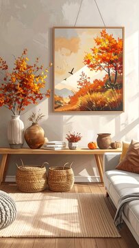 A serene living room with warm autumnal decor and soft lighting