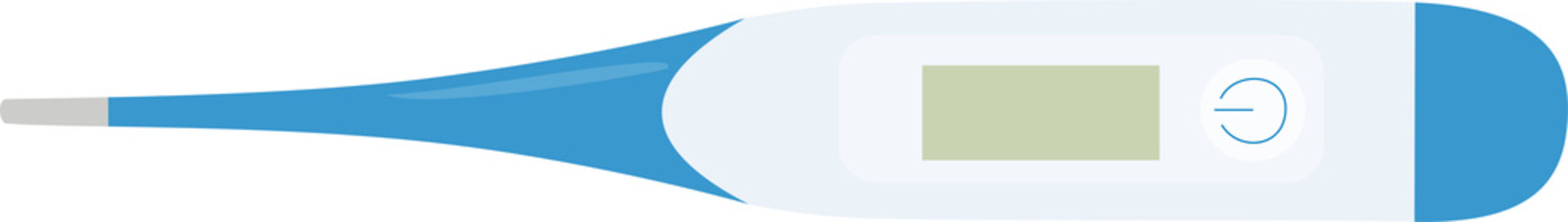 Digital oral thermometer in blue and white with LCD display screen and power button, flat vector illustration, medical health device design element for clinic, hospital, and fever check