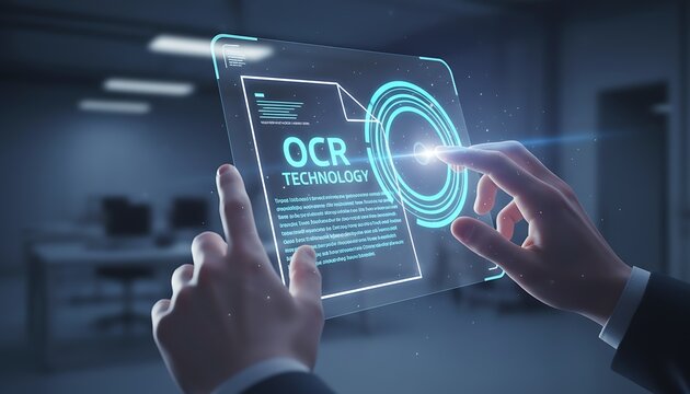 OCR : Hands Interacting with Futuristic Digital Screen.