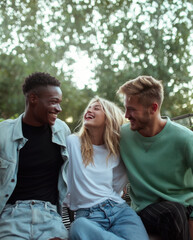 Obraz premium Authentic people, Joyful real friendship diverse group of friends laughing together outdoors. Authentic lifestyle moment capturing pure happiness, social bonding and natural connection multiethnic
