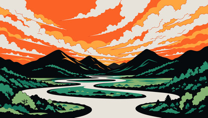 Vibrant landscape, scenic view, river valley, sunset © Rana Islam
