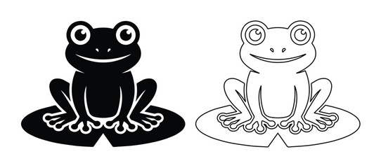 Minimalist frog icon set, cute cartoon toad sitting on lily pad vector, black silhouette and line art frog characters for nature logo design © HayeGareebi