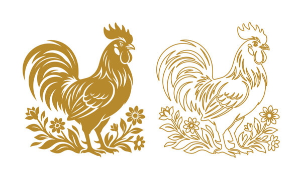 Vintage rooster vector illustration, golden cockerel silhouettes with floral ornaments, rustic farm animal line art set for organic food branding
