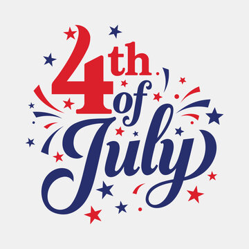 Festive Independence Day typography featuring "4th of July" text in red and blue script, surrounded by patriotic stars and firework swooshes.