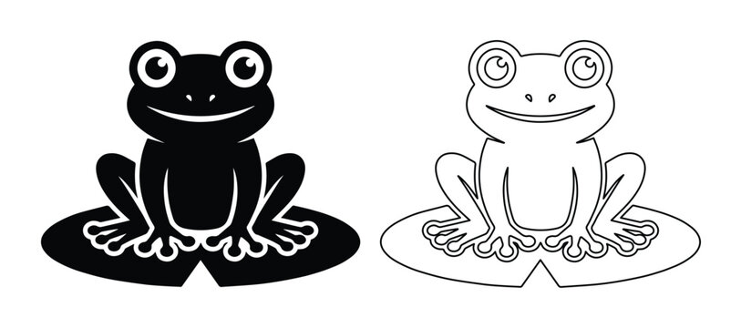 Minimalist frog icon set, cute cartoon toad sitting on lily pad vector, black silhouette and line art frog characters for nature logo design