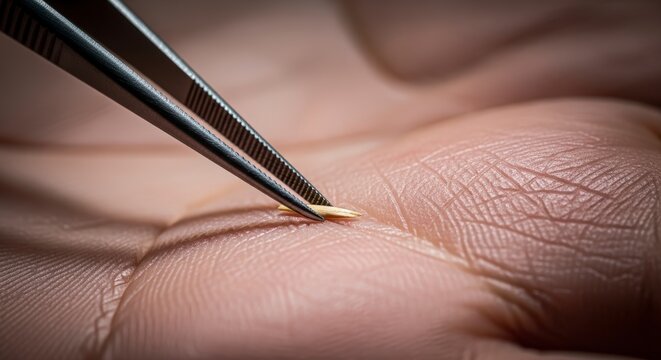 Close-up of skin with tweezers removing splinter.