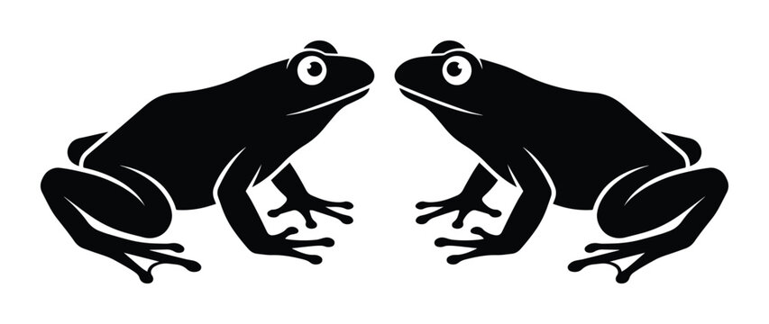 Minimalist frog silhouette vector, black toad profile icons, symmetrical amphibian wildlife illustration, clean pond animal graphic set