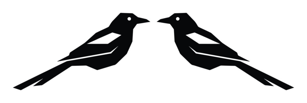 Minimalist magpie bird silhouette vector, black and white pica pica bird icons, symmetrical corvid wildlife illustration for logo design