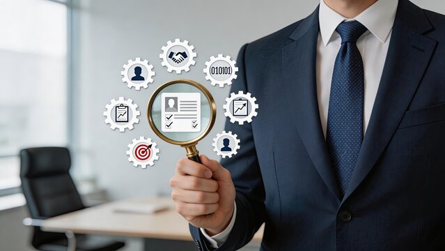 Businessman holding magnifying glass examining digital hologram icons with gears binary code target graph user profile checklist handshake symbol for recruitment analysis