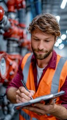 Obraz premium Safety inspector checking warehouse emergency sprinkler system during inspection