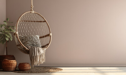 Obraz premium A serene indoor scene features a hanging chair with a neutral palette. Woven baskets and a plant complete the warm, inviting corner