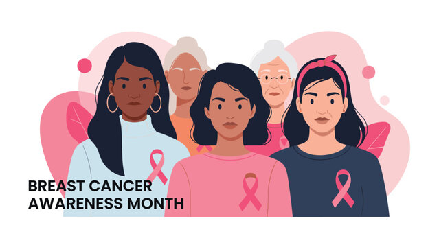 Diverse group of women of different ages and ethnicities wearing pink ribbons to support breast cancer awareness month campaign.