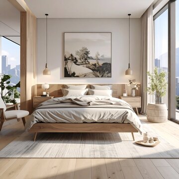 A serene modern bedroom with a city view and natural light