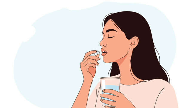 Young woman swallowing medical pill and holding glass of water for healthcare treatment or food supplement intake in flat style.