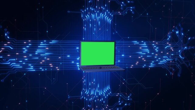3D Laptop Mockup Futuristic Digital Data Center tracking screen amidst optical data lines. placeholder animation is for inserting custom video content, app reveals, and corporate IT presentations. 3D