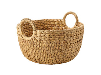 Obraz premium Handcrafted round tan woven seagrass basket with thick braided texture and two sturdy handles for rustic home organization and natural decor isolated transparent background image