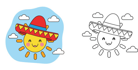 Obraz premium Adorable sun character with a Mexican sombrero hat, includes a black and white coloring book page version for children. Kawaii summer and cultural celebration vector illustration.