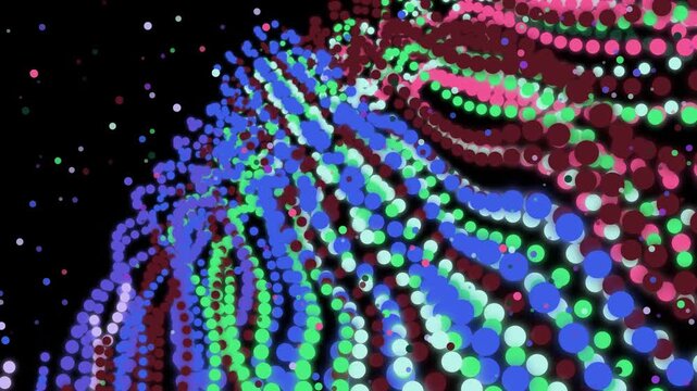Dynamic flow of vibrant dots in blue green and burgundy on black backdrop creating an abstract modern pattern with energetic rhythm