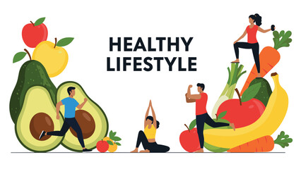 Fototapeta premium Diverse people exercising and eating healthy food surrounding the text healthy lifestyle for wellness promotion.