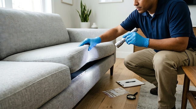professional pest control technician in blue uniform and gloves using flashlight to inspect gray sofa for bed bugs or insects during residential extermination service in home