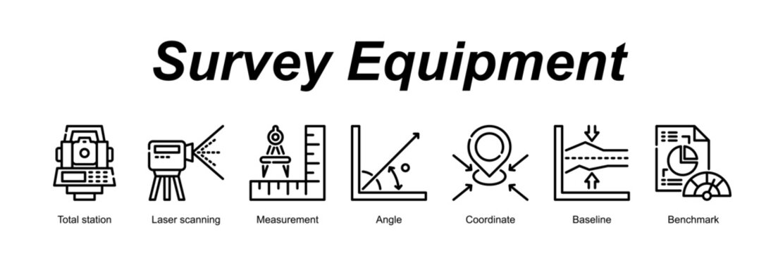 Survey Equipment banner web icon vector illustration concept with an icon of Total station, Laser scanning, Measurement, Angle, Coordinate, Baseline, Benchmark 