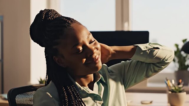 Close-up portrait of a relaxed young businesswoman with braids sitting in a modern office with natural light.