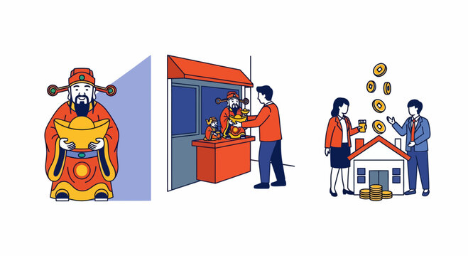 Chinese God Wealth Caishen blessing people with prosperity money success house and great financial luck abundance