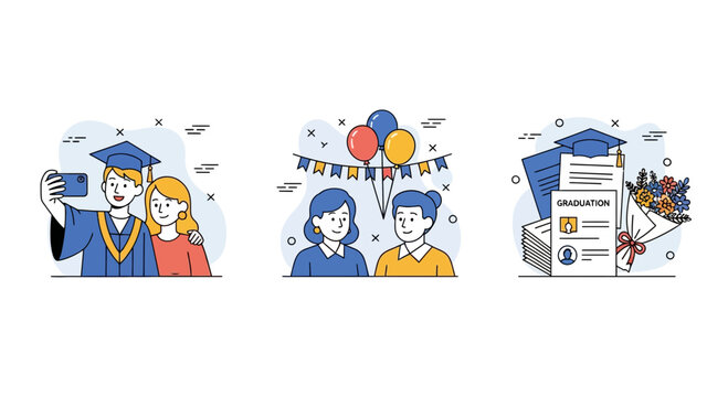 Happy graduate student taking selfie party balloons diploma certificate flower gift success achievement school university degree ceremony