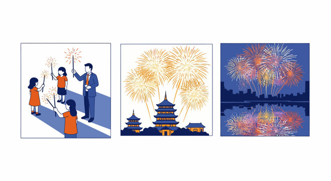 Nightly fireworks show display with people sparklers and city skyline reflections over a traditional pagoda temple