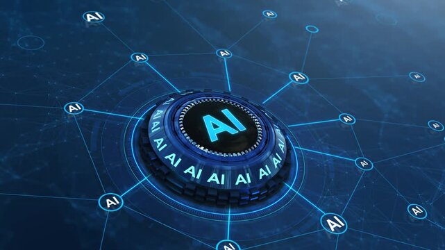 Human Hand click on Central Artificial Intelligence Hub Connecting to Distributed AI Nodes. core networking artificial intelligence nodes. Global digital brain system machine learning background.