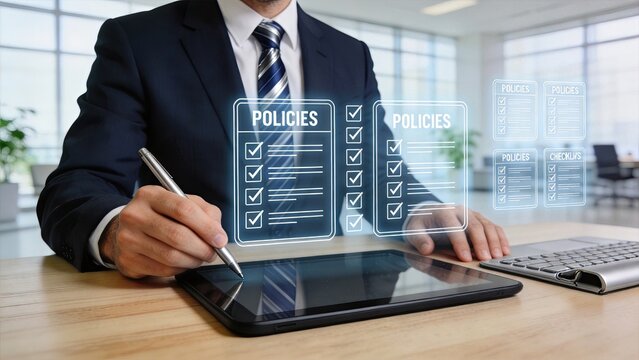 Businessman using digital tablet reviewing corporate policies compliance checklists in modern office future technology holographic interface auditing regulatory documents