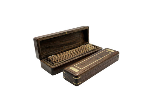 Premium handcrafted dark wood incense burner box with brass inlay details, featuring an open container with aromatic sticks and a closed lid isolated transparent background image