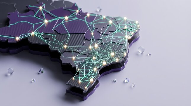 Digital 3D map of Brazil with glowing communication network nodes