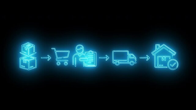 Neon-lit icons depicting e-commerce delivery process on black background with glowing blue outline