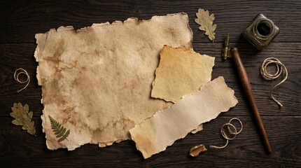 Fototapeta premium Vintage Old Paper Sheets with Inkwell and Quill on Wood
