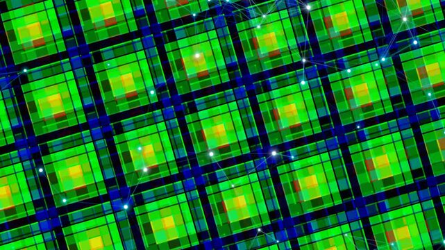 Geometric green tartan grid pattern with overlayed network connections forming an abstract high-tech digital background design