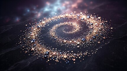 Fototapeta premium Golden magic spiral of sparkling stars on dark marble background