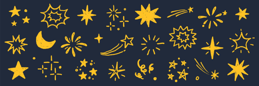 Star gold sticker icon collage set. Star icon sketch hand drawn line brush crayon texture vintage background. Cute kid magic twinkle sparkle, glow moon, space figure. Vector illustration