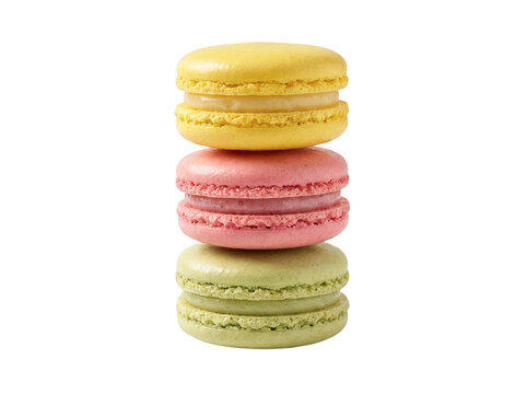 Vertical stack of three delicious colorful french macarons in shades of pastel yellow pink and green with a sweet cream filling isolated transparent background image