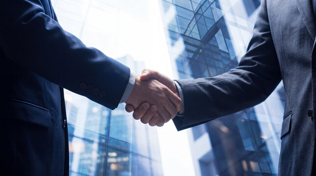 Two businessmen in suits shaking hands, symbolizing agreement with blurred corporate building.