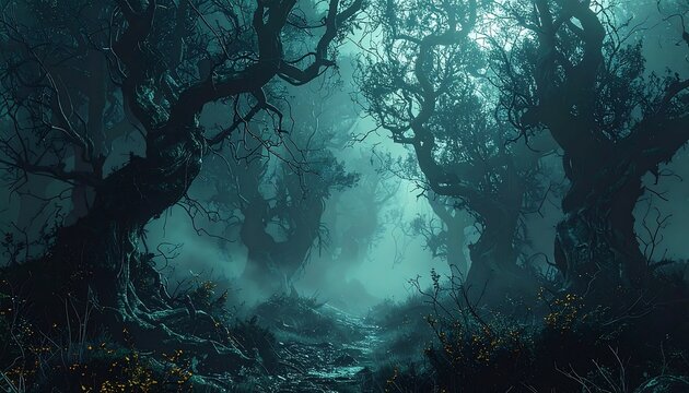 A misty, shadowy forest scene featuring gnarled trees and a barely visible path. The atmosphere is dark and slightly ominous