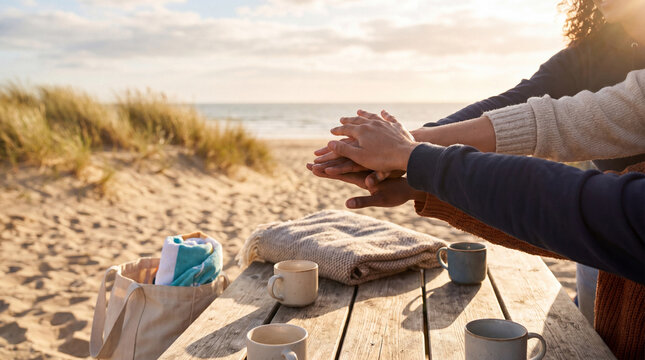 Diverse group of friends stack hands on a rustic table by the beach at sunset, symbolizing unity and teamwork.