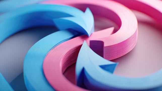 Colorful intertwined arrows in pink and blue representing change and transformation in a modern design