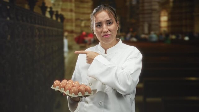 Woman chef in white jacket holding a carton of eggs with one hand and pointing finger with the other toward a pewed aisle inside a historic church building; confusion.