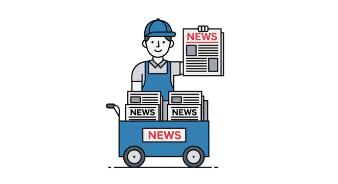 Newspaper Delivery Man with Cart and Headlines, Vector Illustration